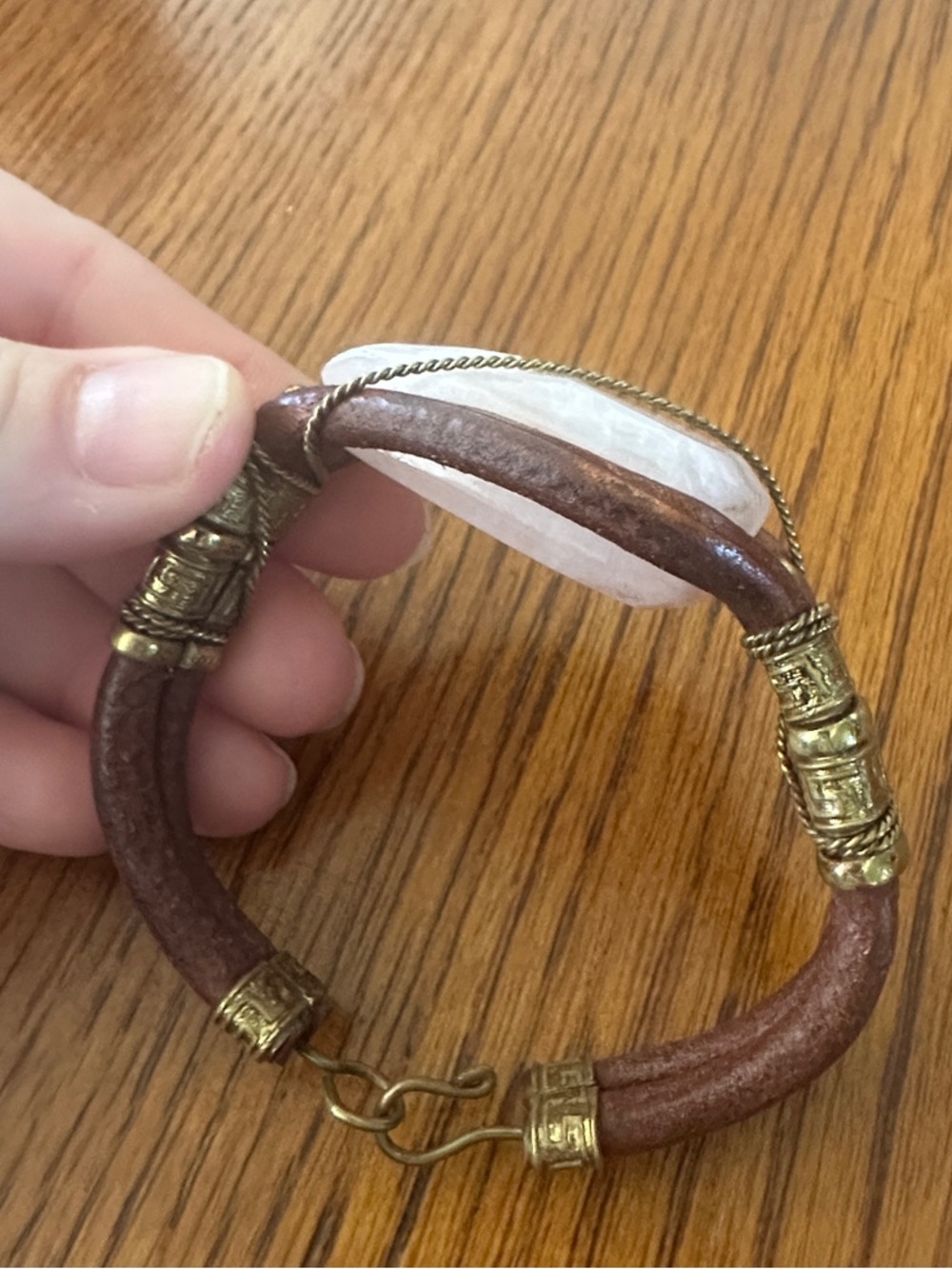 Brown Leather Bracelet with Rose Quartz and Gold-Tone Accents